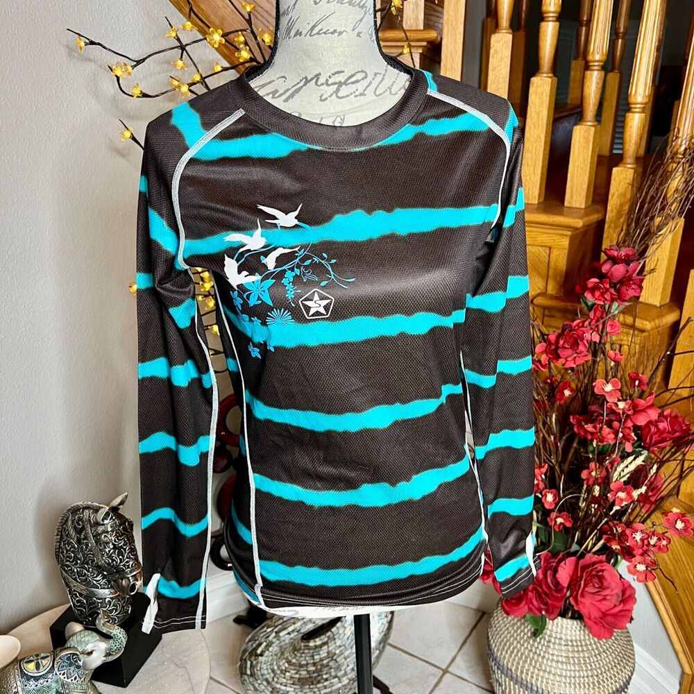 Rare Sessions women’s Athletic Jersey Brown Turquoise Top T-Shirt Size S